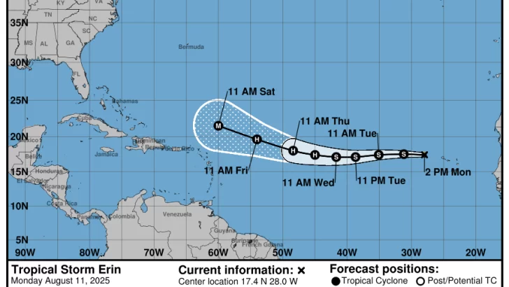 Clima en República Dominicana: Se Forma la Tormenta ERIN, autoridades le dan seguimiento a trayectoria. Una vaguada, calentamiento y el viento del este/sureste en horas de la tarde producirán aguaceros locales
