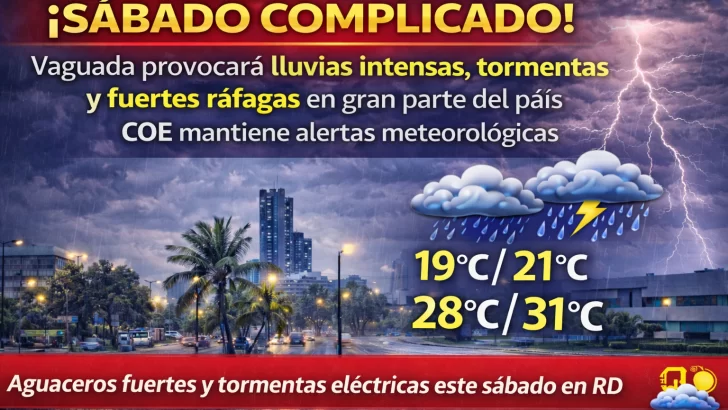 El clima para Republica Dominicana hoy: sábado complicado vaguada provocará lluvias intensas, tormentas y fuertes ráfagas en gran parte del país COE mantiene alertas meteorológicas