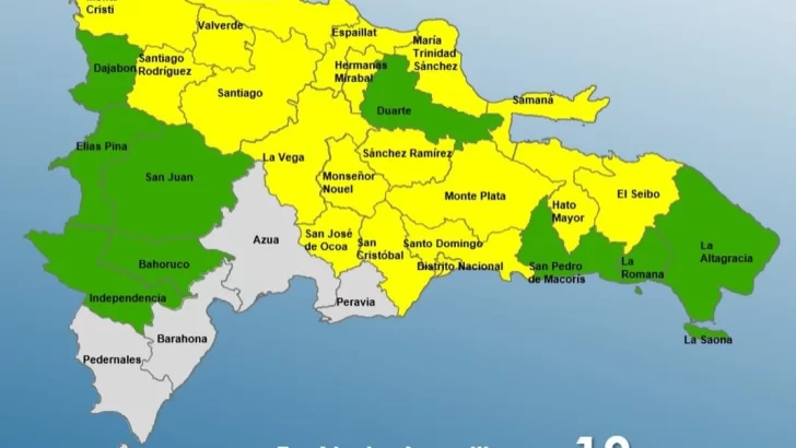 Último informe del tiempo: El COE mantiene 18 provincias y el Distrito Nacional en amarilla y 09 en verde en República Dominicana