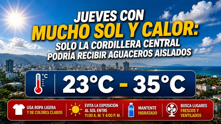 El clima hoy para Republica Dominicana: jueves con mucho sol y calor, solo la Cordillera Central podría recibir aguaceros aislados