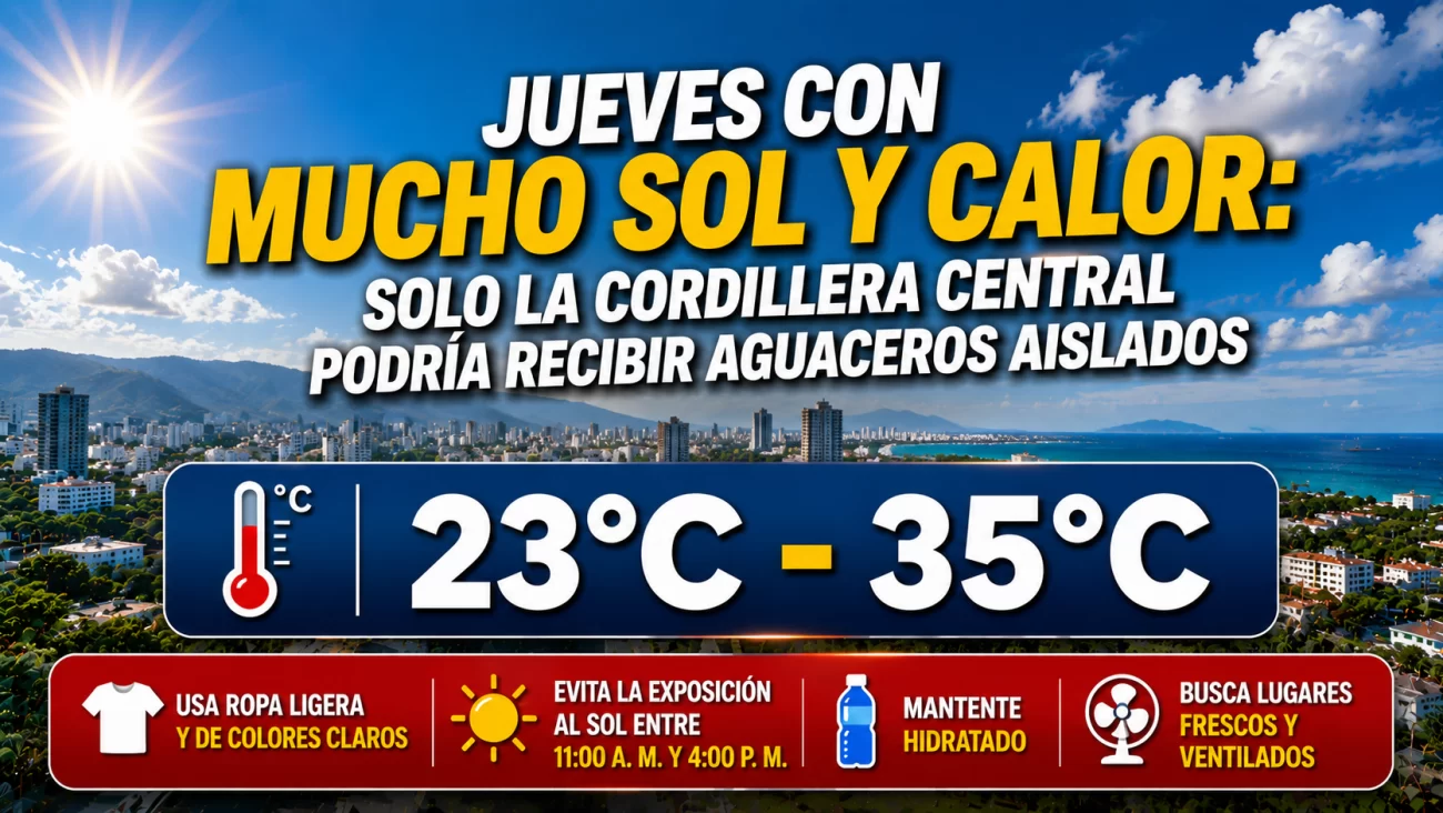 El clima hoy para Republica Dominicana: jueves con mucho sol y calor, solo la Cordillera Central podría recibir aguaceros aislados