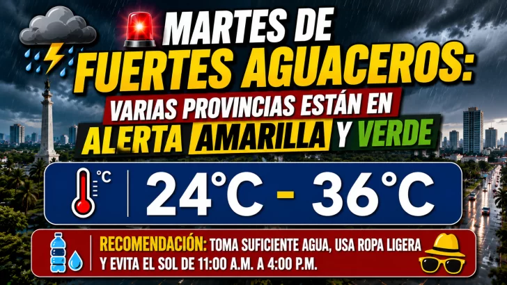 El clima hoy para Republica Dominicana: martes de fuertes aguaceros varias provincias están en alerta amarilla y verde