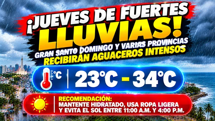 El clima hoy para Republica Dominicana: jueves de fuertes lluvias Gran Santo Domingo y varias provincias recibirán aguaceros intensos