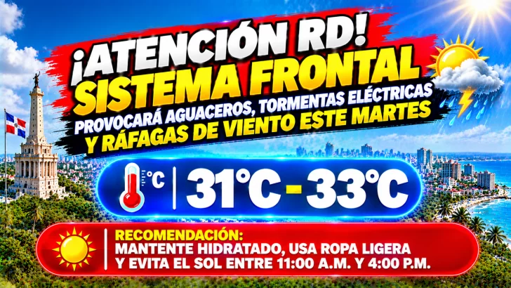El clima hoy para Republica Dominicana: Sistema frontal provocará aguaceros, tormentas eléctricas y ráfagas de viento este martes