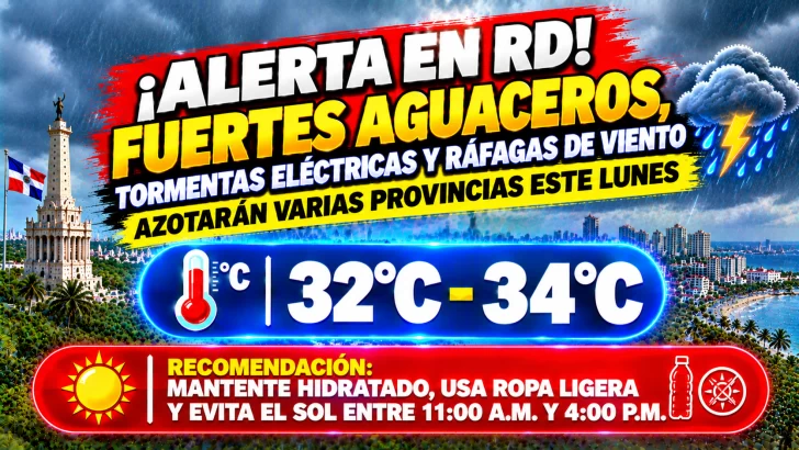 El clima hoy para Republica Dominicana: Fuertes aguaceros, tormentas eléctricas y ráfagas de viento azotarán varias provincias este lunes